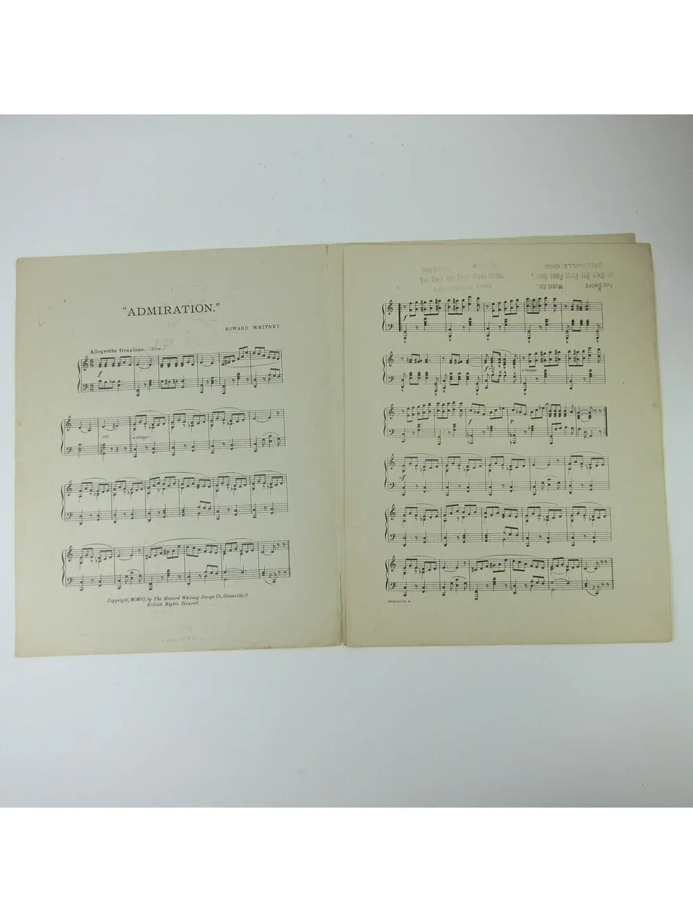 Sheet Music Admiration Howard Whitney Swope Co Greenville Ohio Antique 1906 RARE